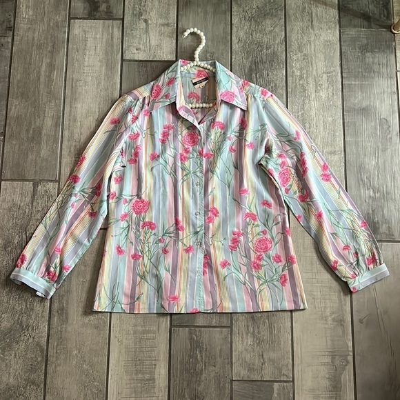 Vintage Neiman Marcus pastel stripe floral bouquet button-down cotton shirt - Picture 1 of 6